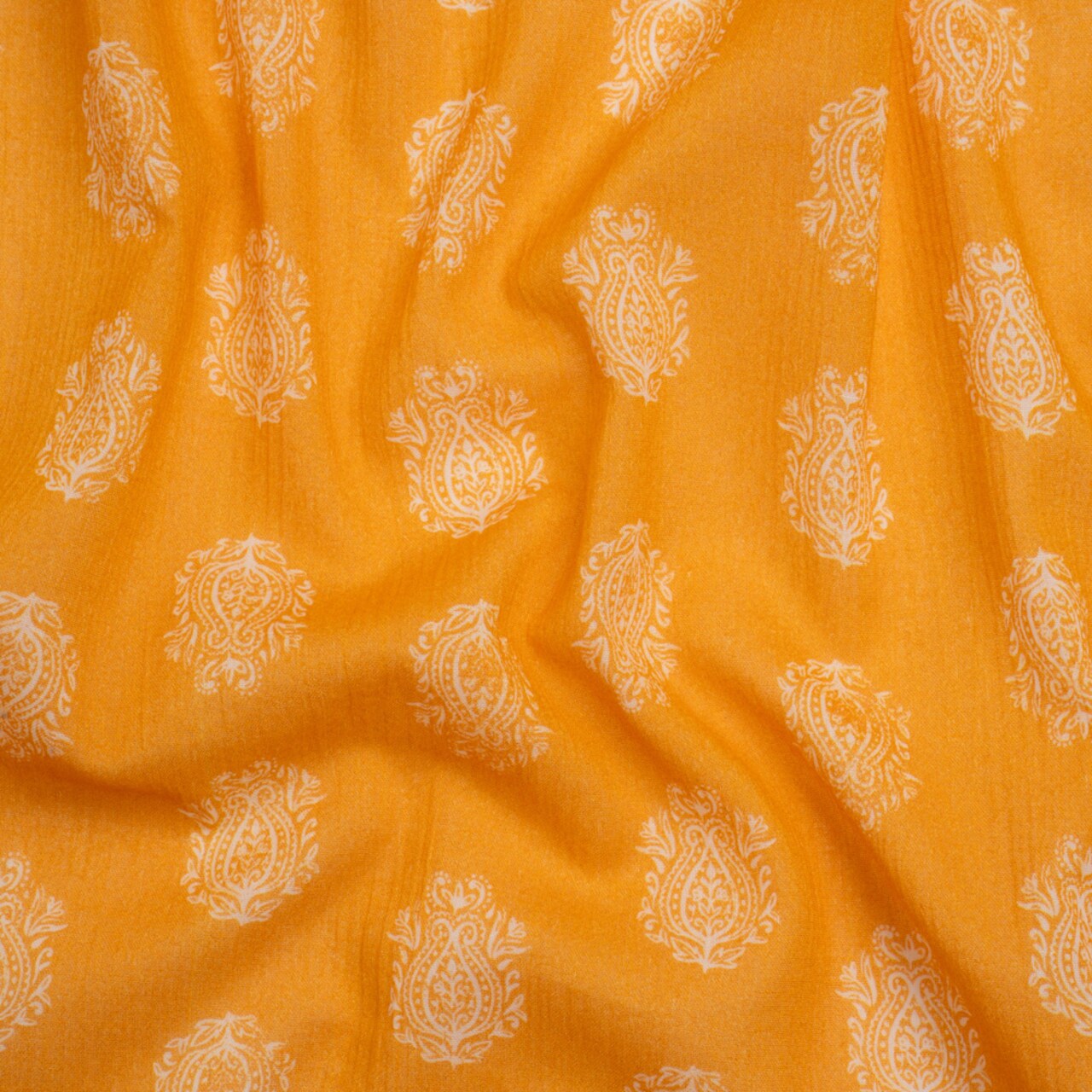 1 Yard Crinkled Cotton and Gauzy Woven Print in Mango Orange Paisley Spots Perhaps Paisleys